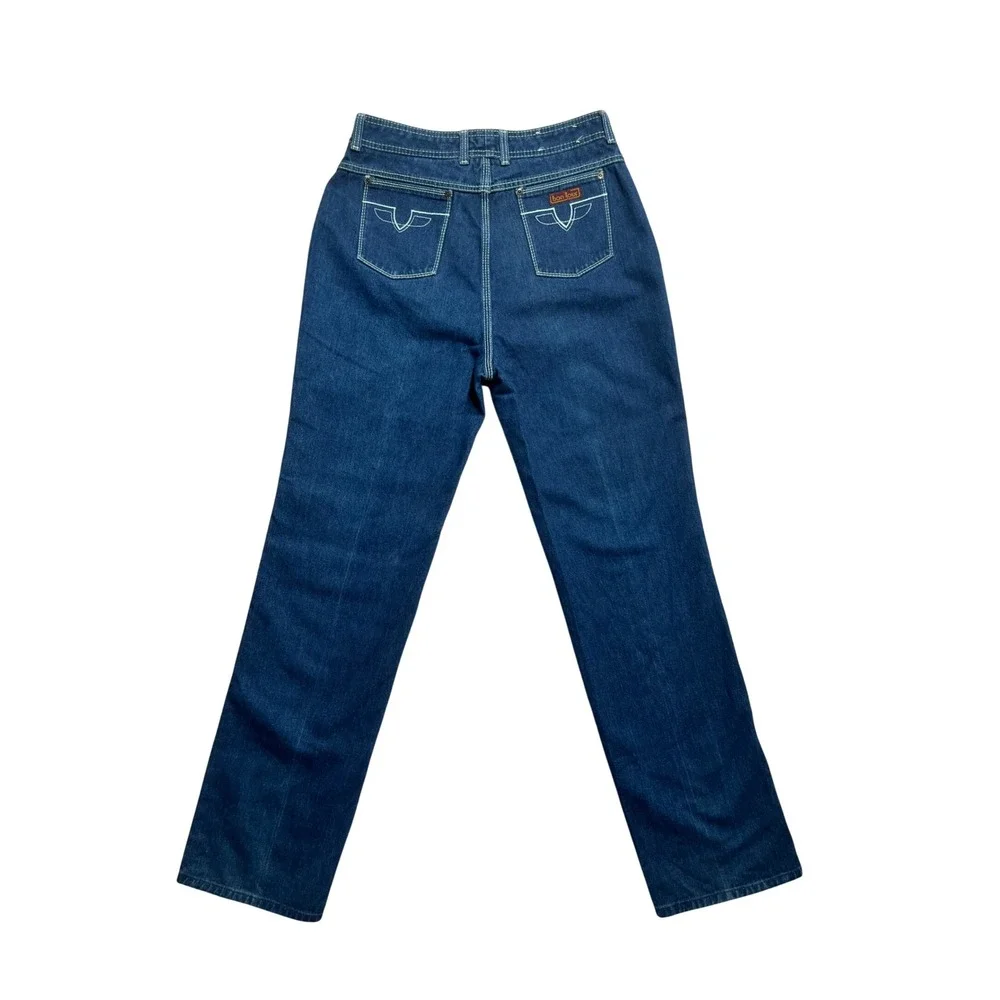 VTG 70s High Waisted Straight Leg Denim Jeans Dark Wash Contrast Stitch 32x33 - Picture 11 of 12